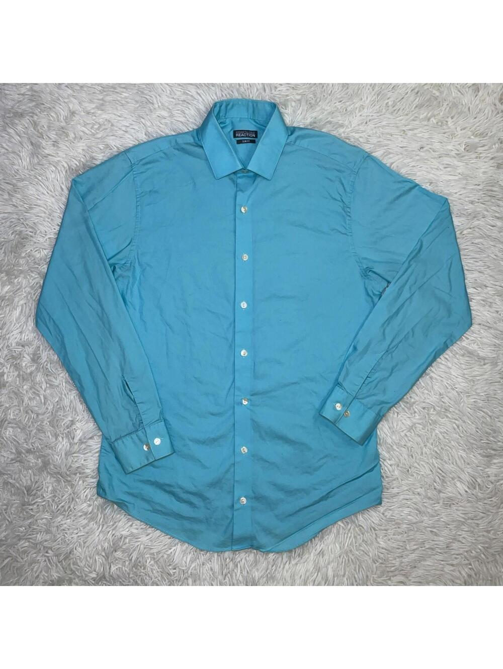 Kenneth Cole Teal Shirt Long Sleeve Slim-Fit Stretch Button Up  Sz 15 32/33 L